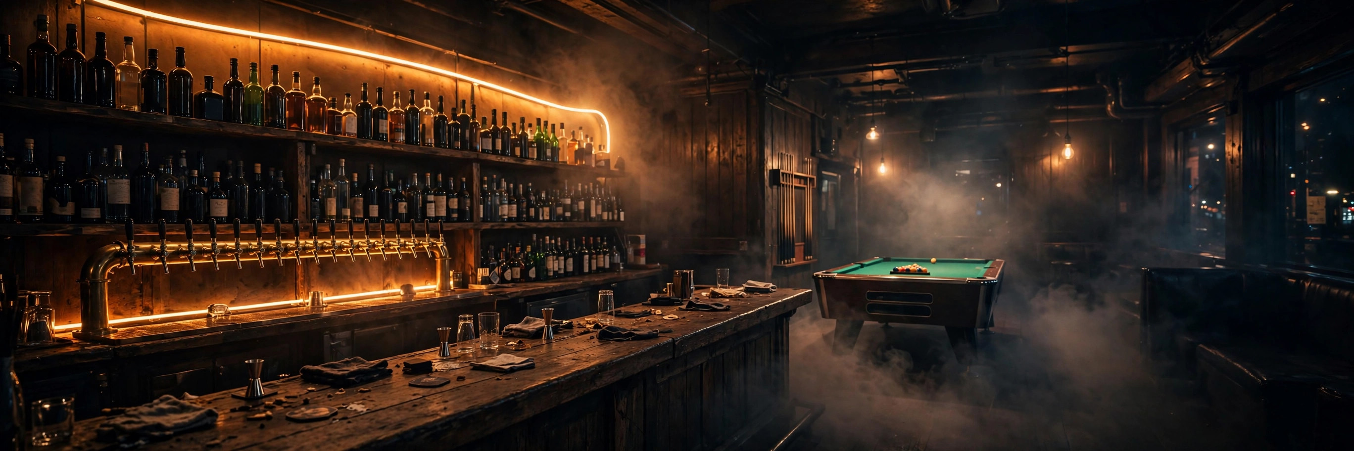 Bar interior glowing under neon light